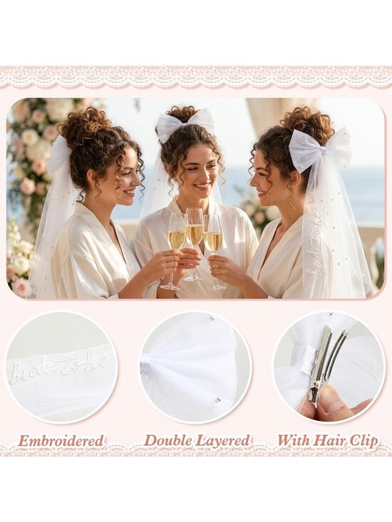 Women\'s Bow White Tulle Polyester Embroidered Bride To Be Veil Hair Clip main image 4